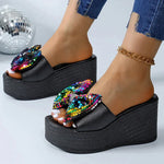 Women Colorful Sequins Platform Slippers Fashion 2025 Wedge Open Toe Black Sandal Ladies New Plus Size Thick Bottom Slides Mujer