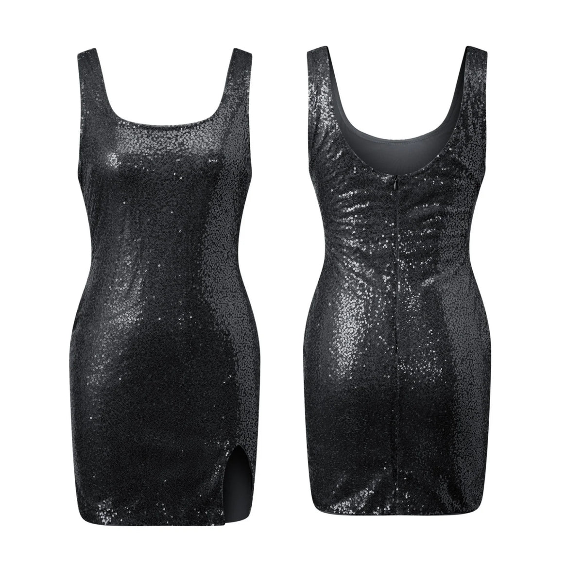 Women Sparkle Sequined Tank Dress Sleeveless U Neck Slim Fit Sexy Slit Mini Dress for Club Party Evening Summer
