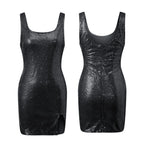 Women Sparkle Sequined Tank Dress Sleeveless U Neck Slim Fit Sexy Slit Mini Dress for Club Party Evening Summer
