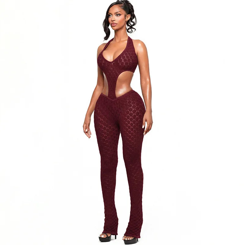 Sexy hot girl solid color see-through slim fit knitted deep V jumpsuit