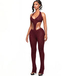 Sexy hot girl solid color see-through slim fit knitted deep V jumpsuit