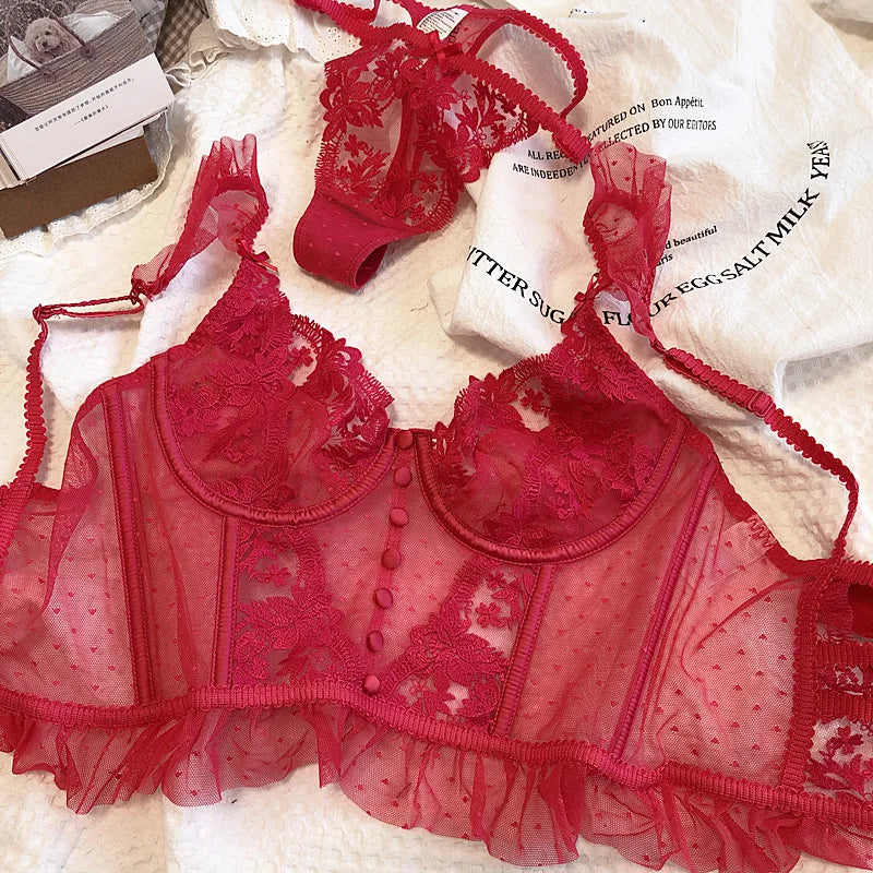 Sexy French Lace Bra and Thong Set Ultra Thin See Through Shaping Underwear Women's Embroidery Lace Camisole Lingerie Set MOYISU