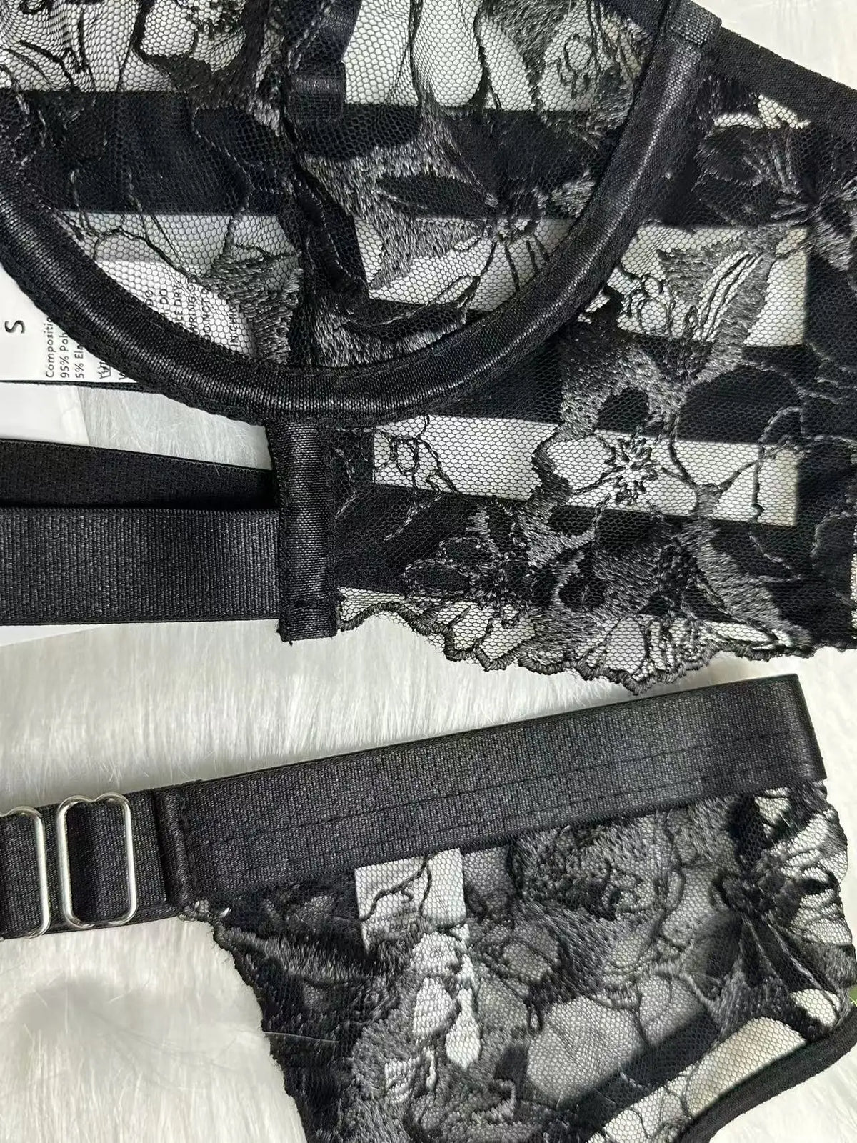 French sexy halterneck embroidered mesh see-through patchwork sexy underwear panties garter set