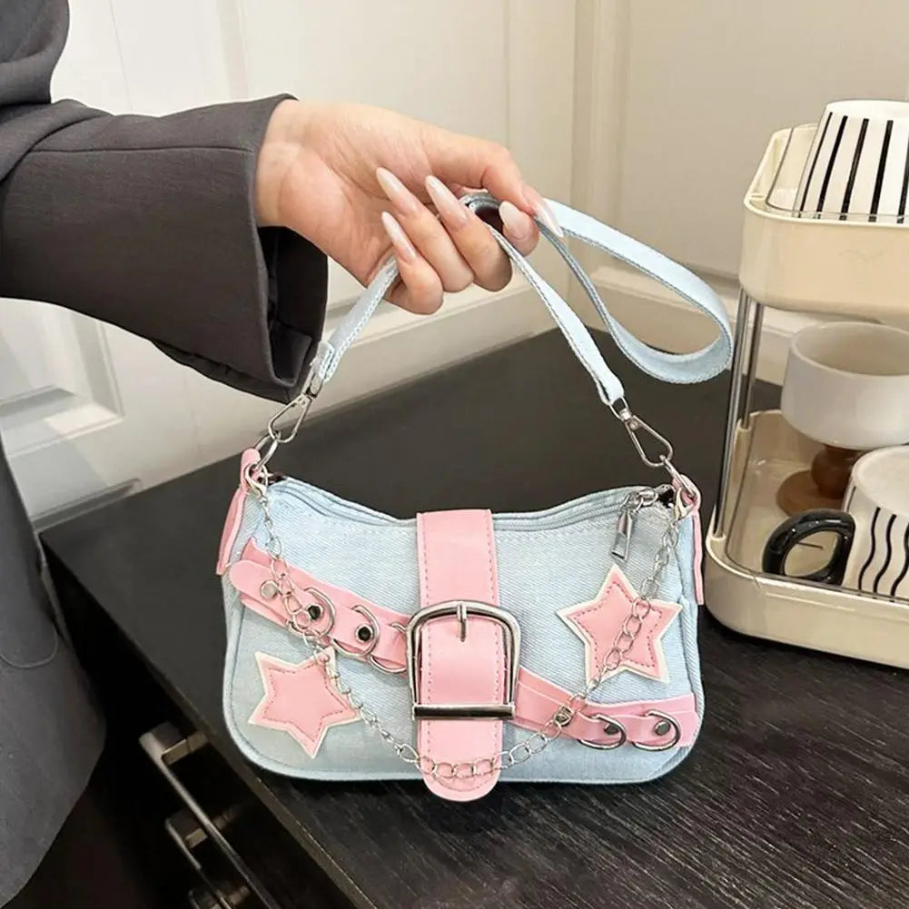 Fashion Women's Handbags Denim Stars Pattern Cool Girls Underarm Bag Female Small Shoulder Hobo Bags Chain Tote Bag