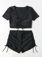Sexy Drawstring Bikini Set 2026 Women Green Black Short Sleeve Two Piece Swimsuit Summer Bathing Suit Pleate High Waist Swimwear