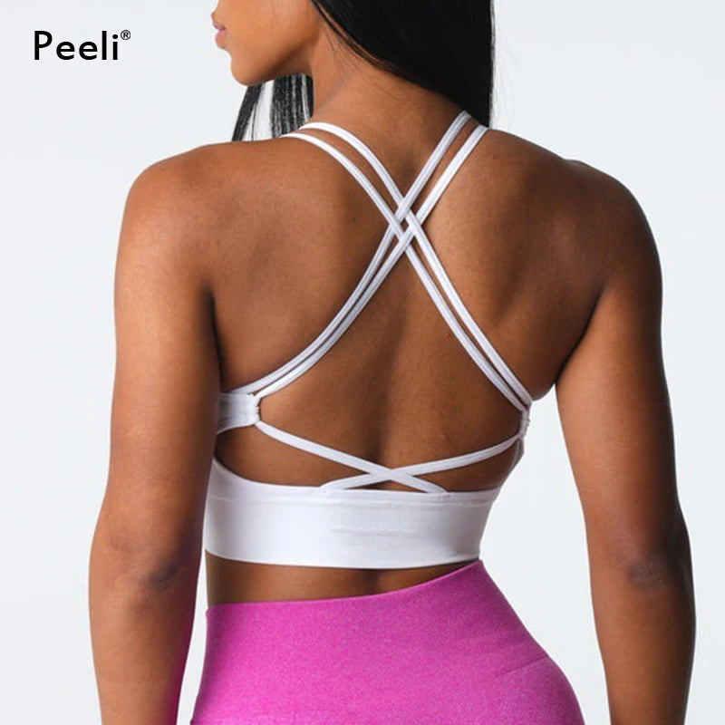 Virtue Seamless Sports Bra Women Backless Gym Crop Top Medium Impact Padded Yoga Bras Strappy Push Up Fitness Brassiere Woman
