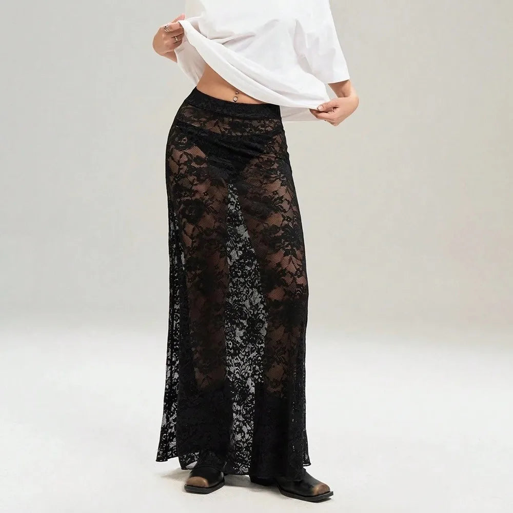 Sexy High Waist Black Lace Skirts for Women 2026 Summer See-through Long Maxi Skirt Female Hollow Out Slim Holiday Party Dress
