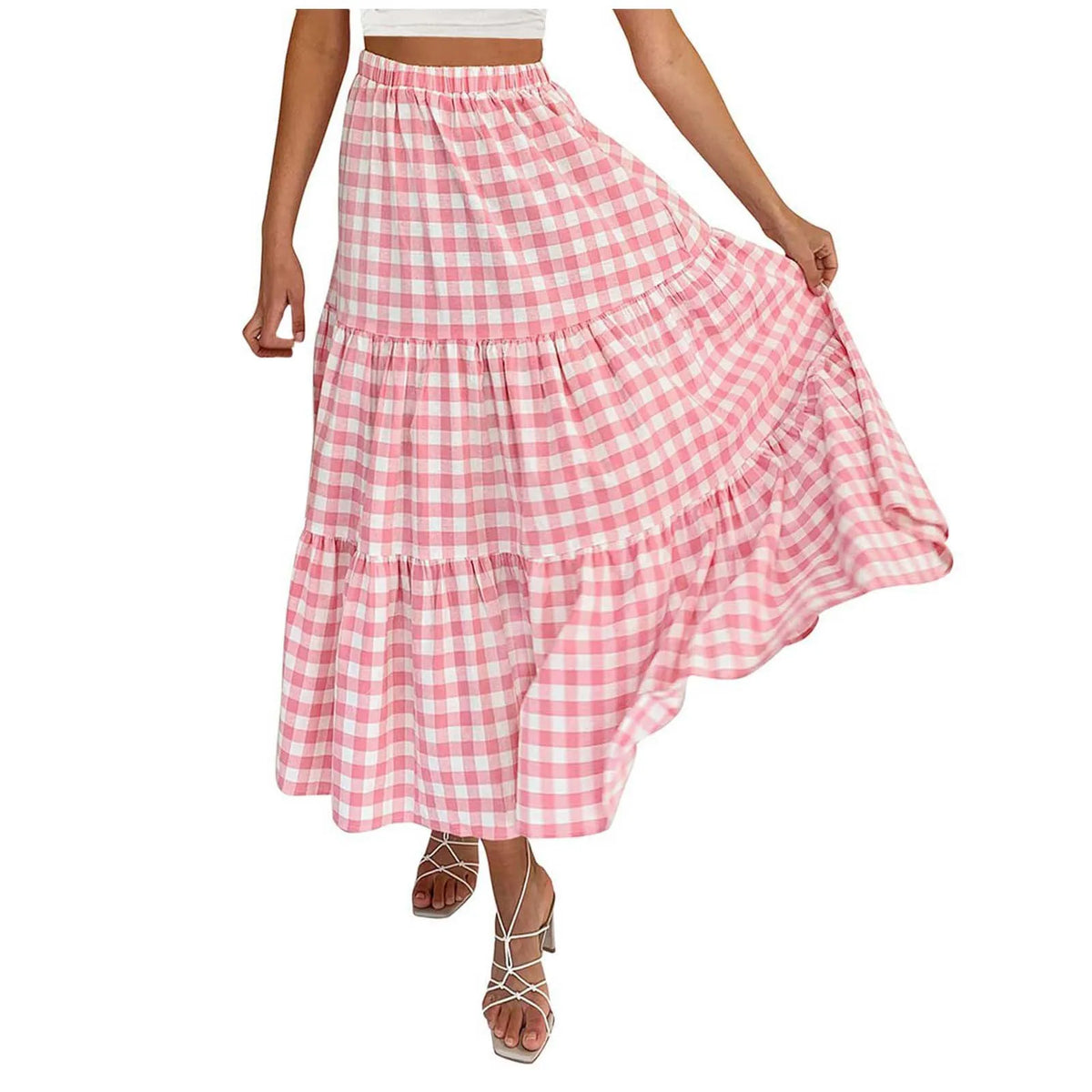 2026 Summer Vintage Checkered Maxi Skirt Women High Waisted Elastic Plaid Ruffle Long Skirts Retro Sweet Cake ALine Skirts