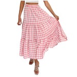 2026 Summer Vintage Checkered Maxi Skirt Women High Waisted Elastic Plaid Ruffle Long Skirts Retro Sweet Cake ALine Skirts
