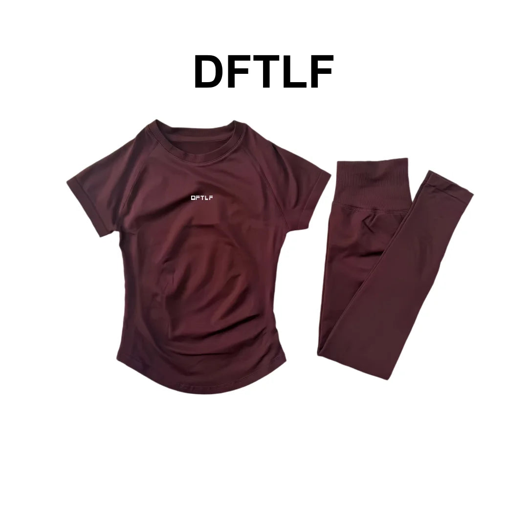 DFTLF 2 Pieces Women Yoga Set Slim Short Sleeve Top High Waist Leggings Seamless Workout Gym Fitness Quick Dry Sportswear Suit