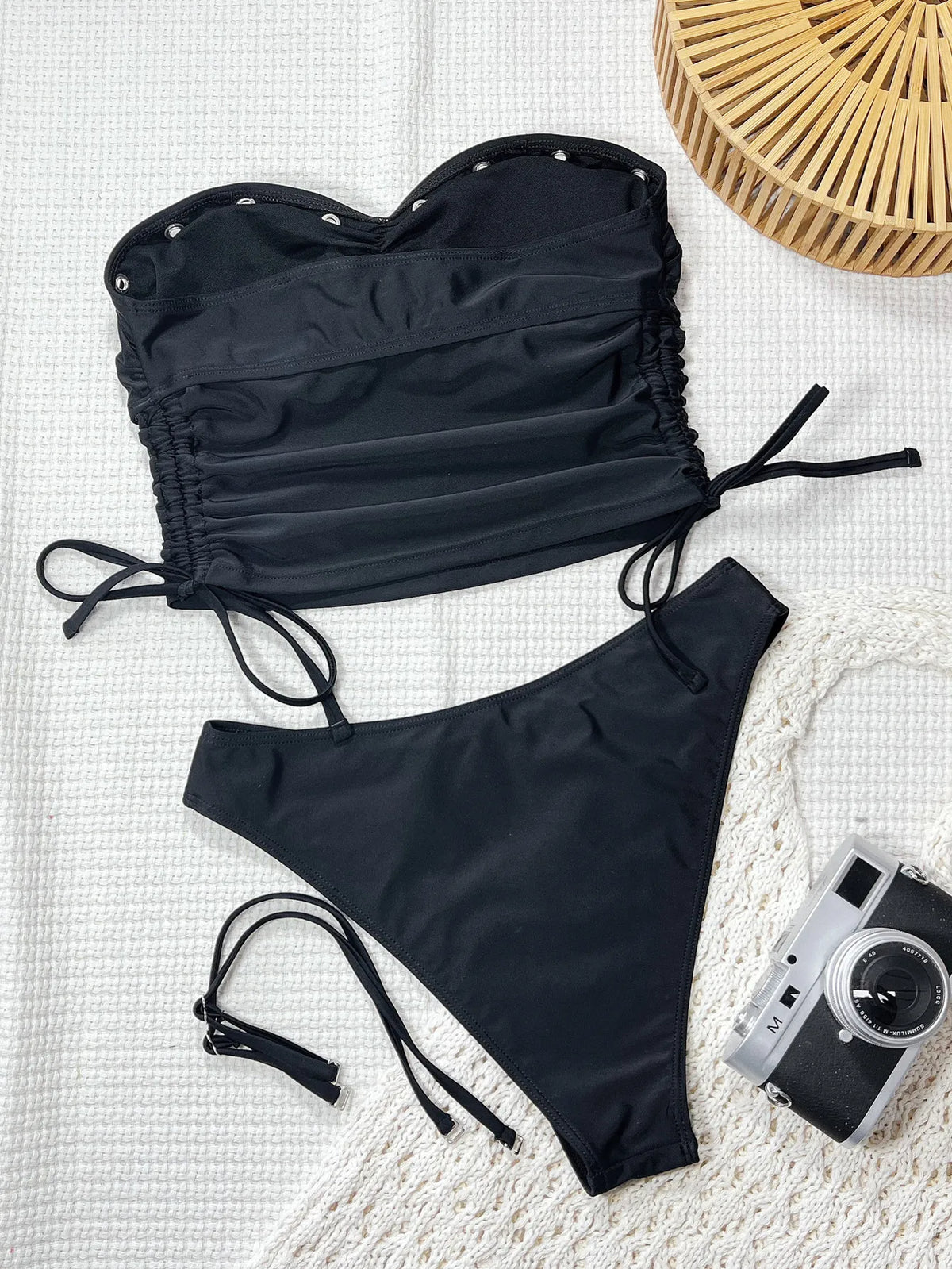 Vintage Bandeau Bikini Set Women Black Drawstring Side Push Up Top Two Piece Swimsuit 2026 Summer Holiday Bathing Suit Swimwear
