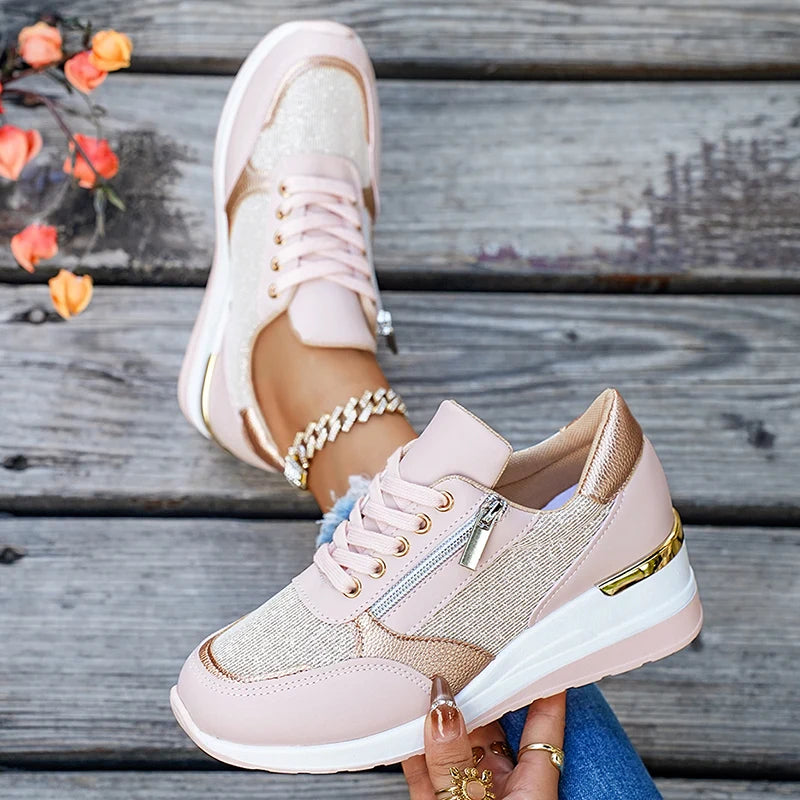 Plus Size 44 Wedges Sneakers Women Fashion Pink Gold Lace Up Platform Sports Shoes Woman Non Slip Thick Bottom Vulcanized Shoes