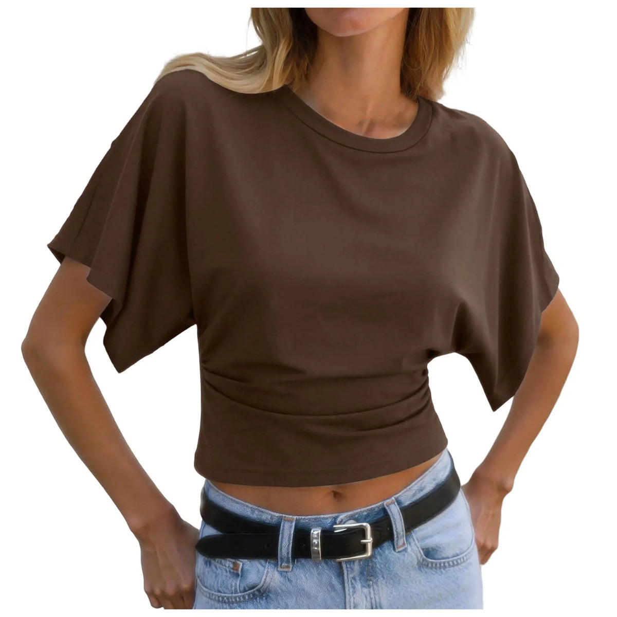 Y2k Solid Cotton O-Neck Ruched Waist Short Top Women Short-Sleeved Loose T-Shirt Causal All-Match Short Summer Basic T Shirts