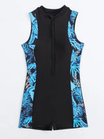 Vintage Blue Leaves Print Spliced One Piece Swimsuit Surfing Suit for Women Zipper Conservative Sports Bathing Suit Swimwear