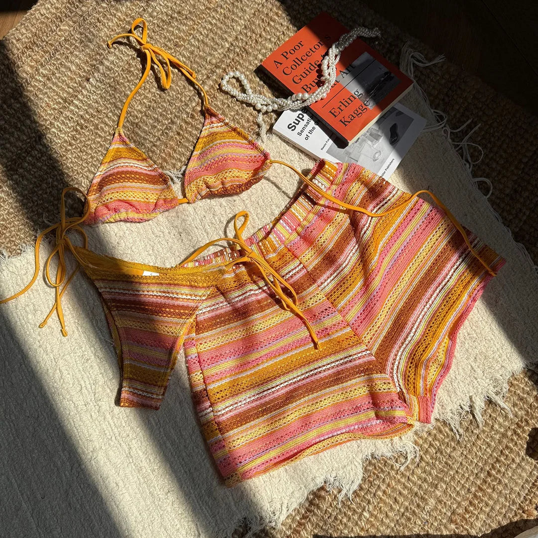 New Sexy Striped Halter Bikini Women Swimwear Three-pieces Bikini set With Shorts Female Swimsuit Bathing Suit Bather Swim V6326