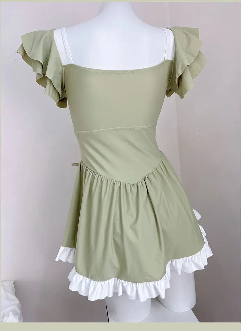Korea Style One Piece Swimsuit with Skirt Monokini 2024 Women Front Bow Push Up Pleate Tummy Control Beach Bathing Suit Swimwear