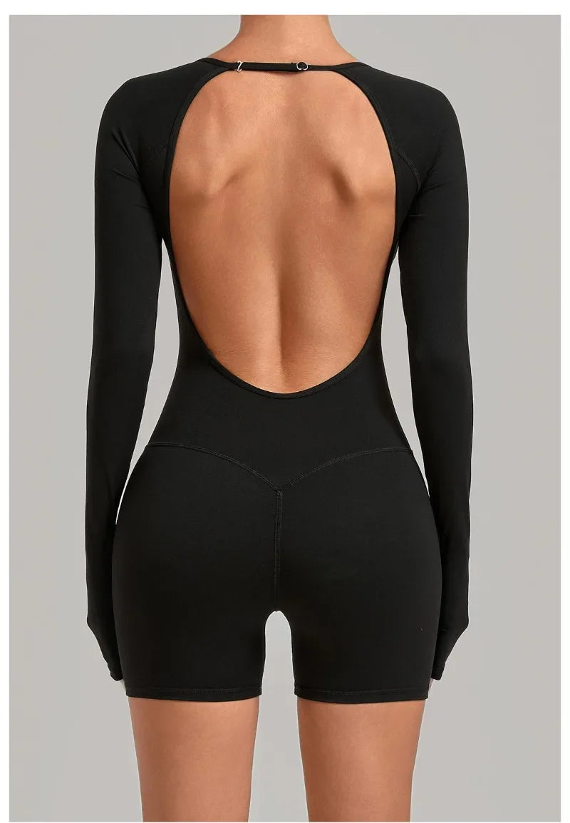 Women's Yoga Jumpsuits Sports Fitness Hip-lifting Long-sleeved Backless Running Training Workout Gym Shorts One-piece Bodysuits