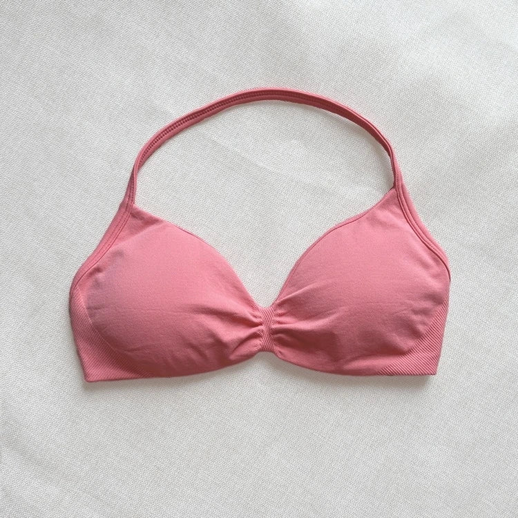Women Seamless Impact Strappy Bra Removable Pads High Elastic Quick Dry Breathable Halter Neck Sports Top Yoga