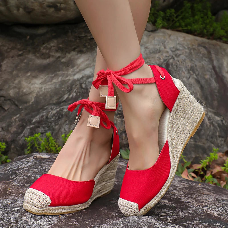Ankle Lace Up Wedges Sandals Women Summer Closed Toe Espadrille Platform Sandles Woman High Heels Gladiator Sandalias Mujer 43