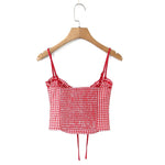 Sweet Girly Plaid Polka Dot Print With Drawstring Tie For Vacations Red Gingham With Bow Scallop Trim Fitted Bustier Style X6P8