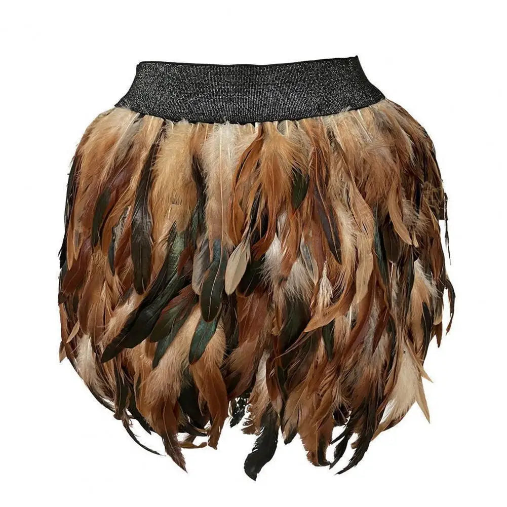 Womens Faux Feather Mini Skirt Elastic Mid Waist A-line Skirt Ladies Mardi Gras Outfit Festivals Carnival Dance Party Supplies