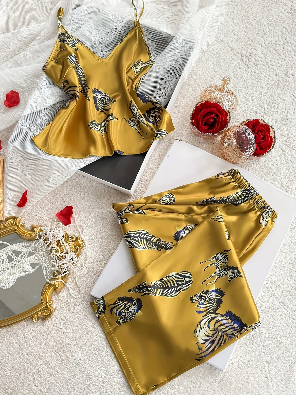 2026 New Women's Pajamas Set Zebra Print Sleeveless V-Neck Camisole Long Pants Sleepwear Set Comfortable Lounge Wear