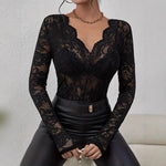 Women Sexy Base Layer Shirt Solid Black Sheer Lace Top Slim Flower Scallop Trim V Neck Long Sleeve T-shirt Trendy Tight Lace Top