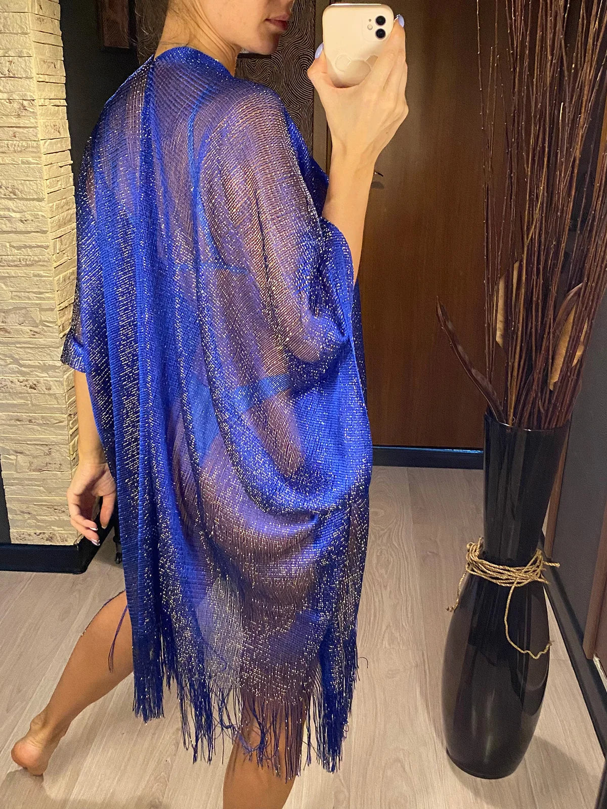 Sexy Fringe Tassel Mesh Sheer Shiny Knitted Tunic Beach Cover Up Cover-ups Beach Dress Beach Wear Beachwear Female Women V3321