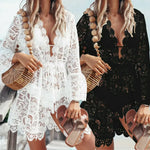 Boho Crochet White Lace Dress Knitted V-neck Scallop Trim Beach Sundress Tunic Pareos Women Bikinis Cover Ups Robe Beachwear