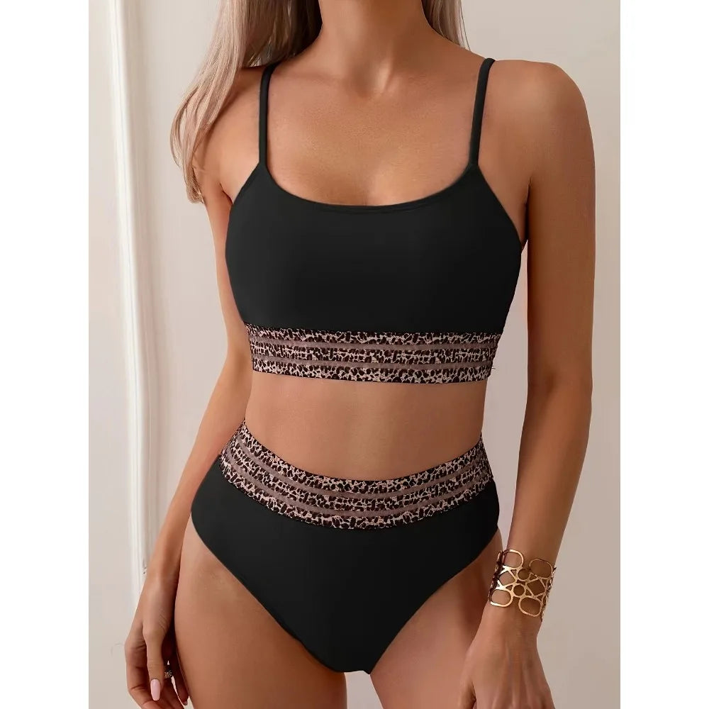 New Sexy Black High Waisted Bikinis Two Pieces Swimsuit Women Swimwear Mesh Beach Wear Sporty Padded Bathing Suits Pool Summer