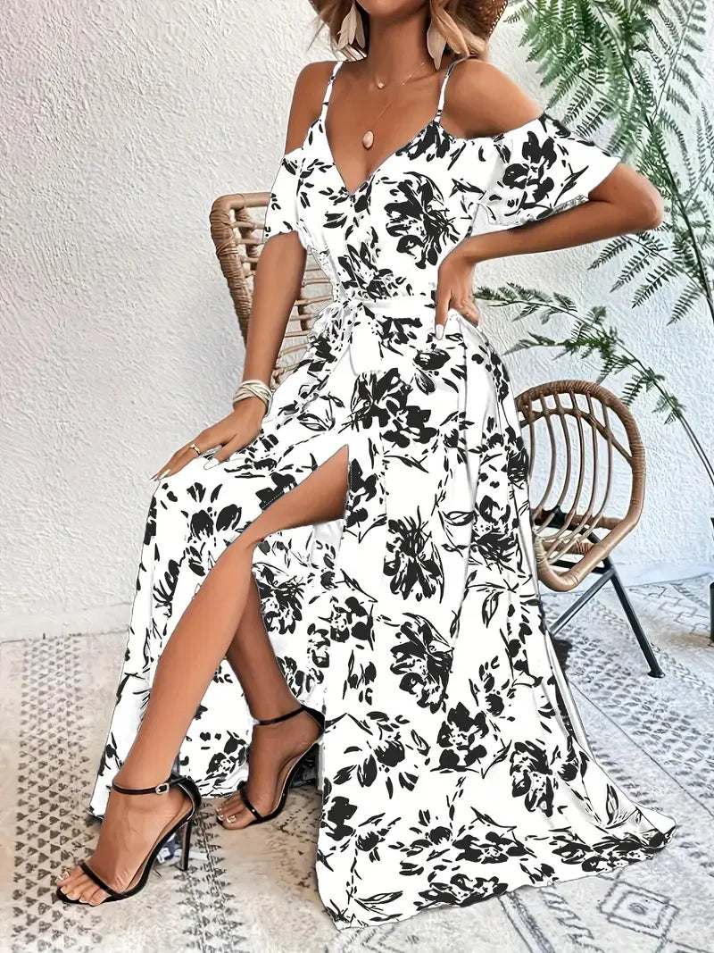 New Summer Women Print Dress 2025 Fashion ElegantVacation Party Short Sleeve Slim V-neck Slit Long Dresses Vestidos Para Mujer