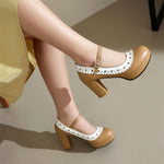 Plus Size 45 Sweet Mary Janes Shoes Women Cute Blue Block High Heels Lolita Pumps Lovely Pink Heart Edge Platform High-heeled