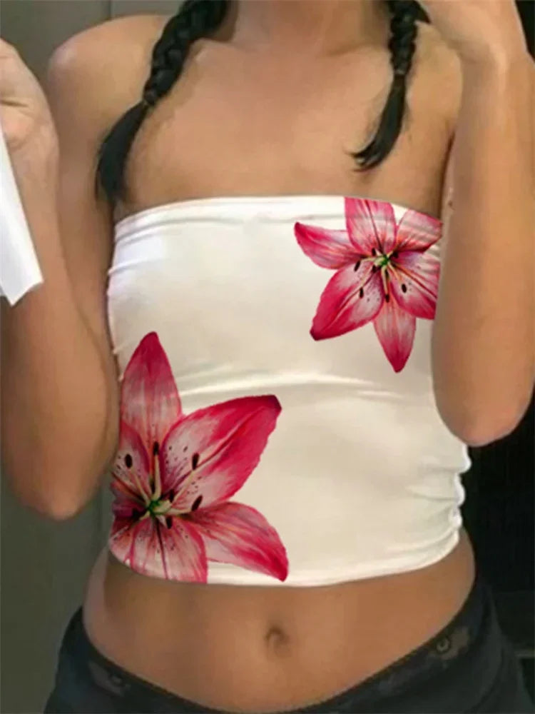 Women's Floral Print Tube Tops Summer Strapless Bandeau Tops Slim Fit Cropped Tank Shirts Streetwear