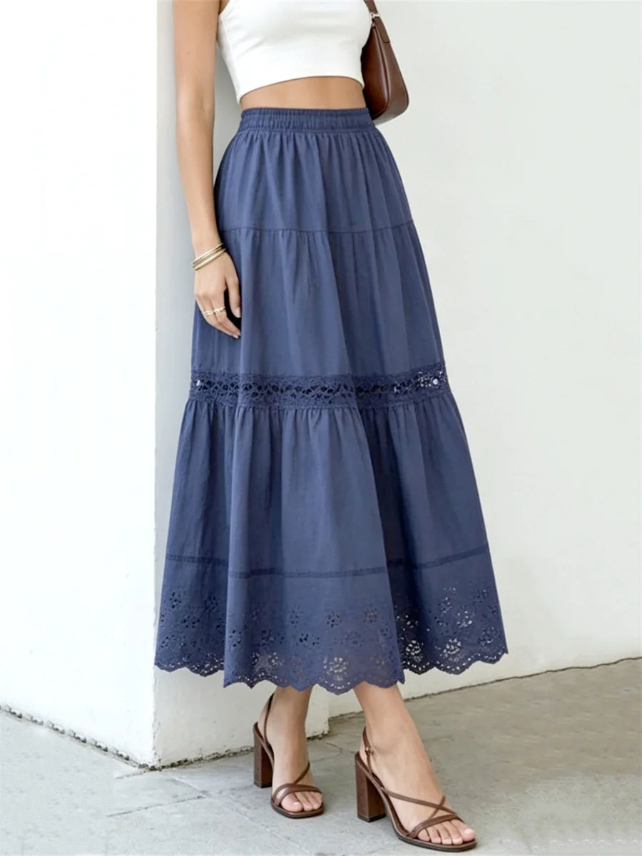 Women's Boho Long Skirts Hollow Out Hem Elastic Waist Loose Fit Pleated A-line Skirts Summer Casual Fashion Skirts