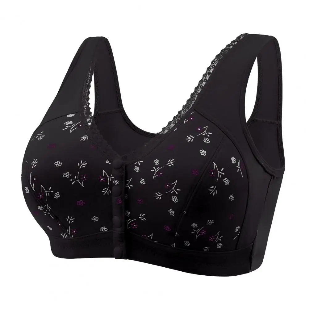 Mid-aged Women Bra Elastic Lace Shoulder Strap Front Button Closure Bra Printed Shockproof Push-up Wireless Mother Bra