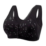 Mid-aged Women Bra Elastic Lace Shoulder Strap Front Button Closure Bra Printed Shockproof Push-up Wireless Mother Bra