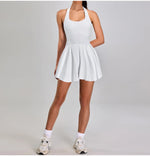 Summer Sleeveless Halter Slim Tennis Dress Women Sexy 2-in-1 Hollow Backless Golf Sports Dresses Outdoor Running Fitness Skirt