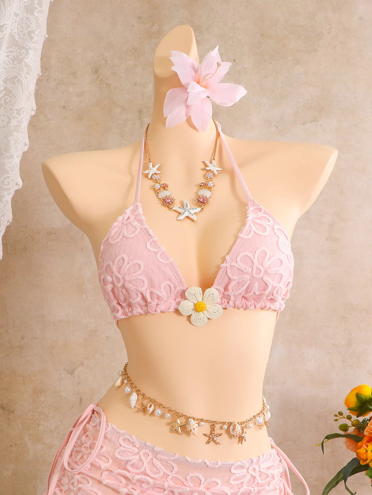 Vintage White Floral Embroidery Bikini Set 2026 Women 3D Flower Push Up Bra Pleate Skirt 3 Piece Swimsuit Bathing Suit Swimwear