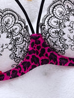 Sweet and cool leopard print patchwork lace lingerie set - Hot girl style mesh embroidered half-cup bra thong set ZA825120