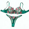Women Green Floral Embroidery Lace Lingerie Set Push‑Up Bra & Thong Mesh Satin Intimate Underwear Daily Nightwear ZA825146