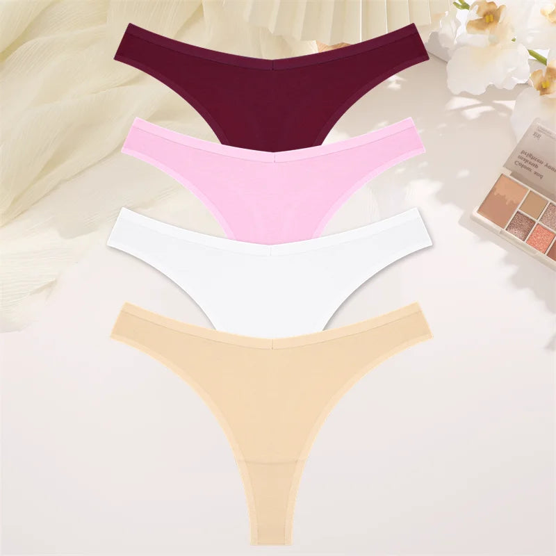 4PCS Women Seamless Thong Cotton Thin Strap Low Waist High Flexibility Panties Sexy Underwear Ladies Briefs T-back Soft Women