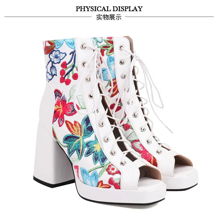 White Floral Embroidered Peep Toe Lace-Up Chunky Block Heel Platform Hollow Out Ankle Sandal Boots for Women