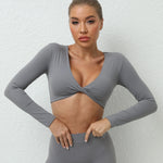 Long Sleeve Gym Crop Tops for Women Twist Deep V Workout Quick Dry Padded Sports Fitness Yoga T-Shirt