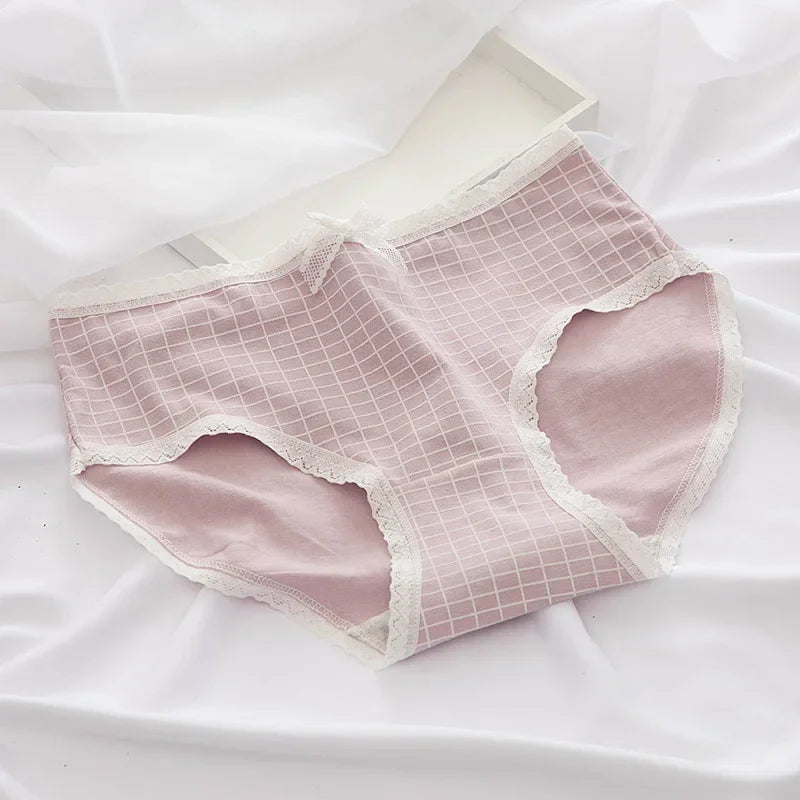 1 Pack Women's Cute Lace Trim Cotton Underwear Bow & Heart Print Briefs Sweet Style Lingerie M-XL Breathable Daily Panty