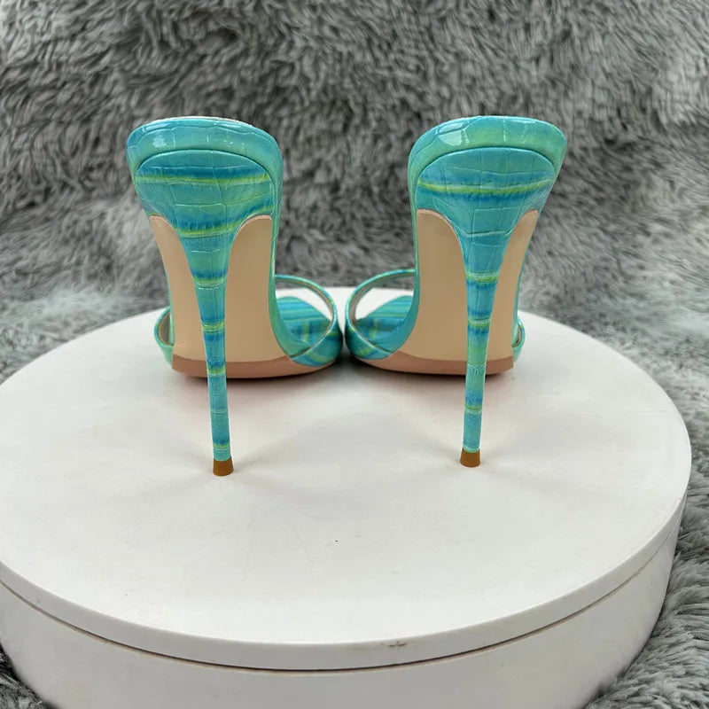 Women's Turquoise Croc Embossed Patent Leather Pointed Toe Stiletto Mules - Slip-On Open Toe High Heel Sandals for Summer Party