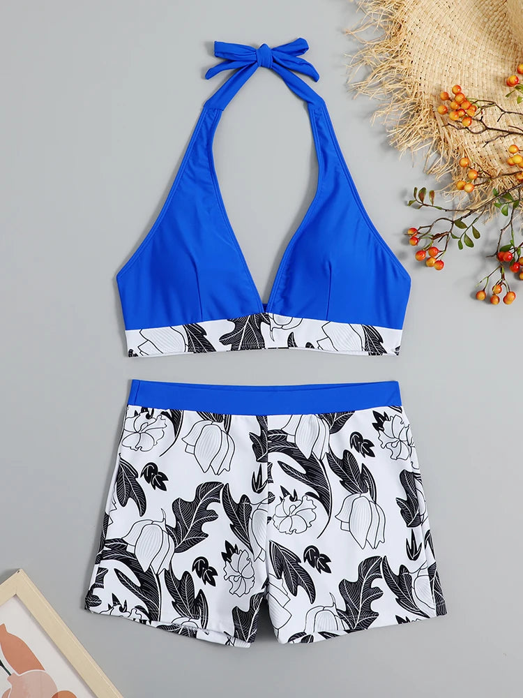 2026 Halter Bikini Set Short Swimsuit Women High Waist Swimwear Female Printed Bathers Swimming Bathing Swim Suit Beachwear