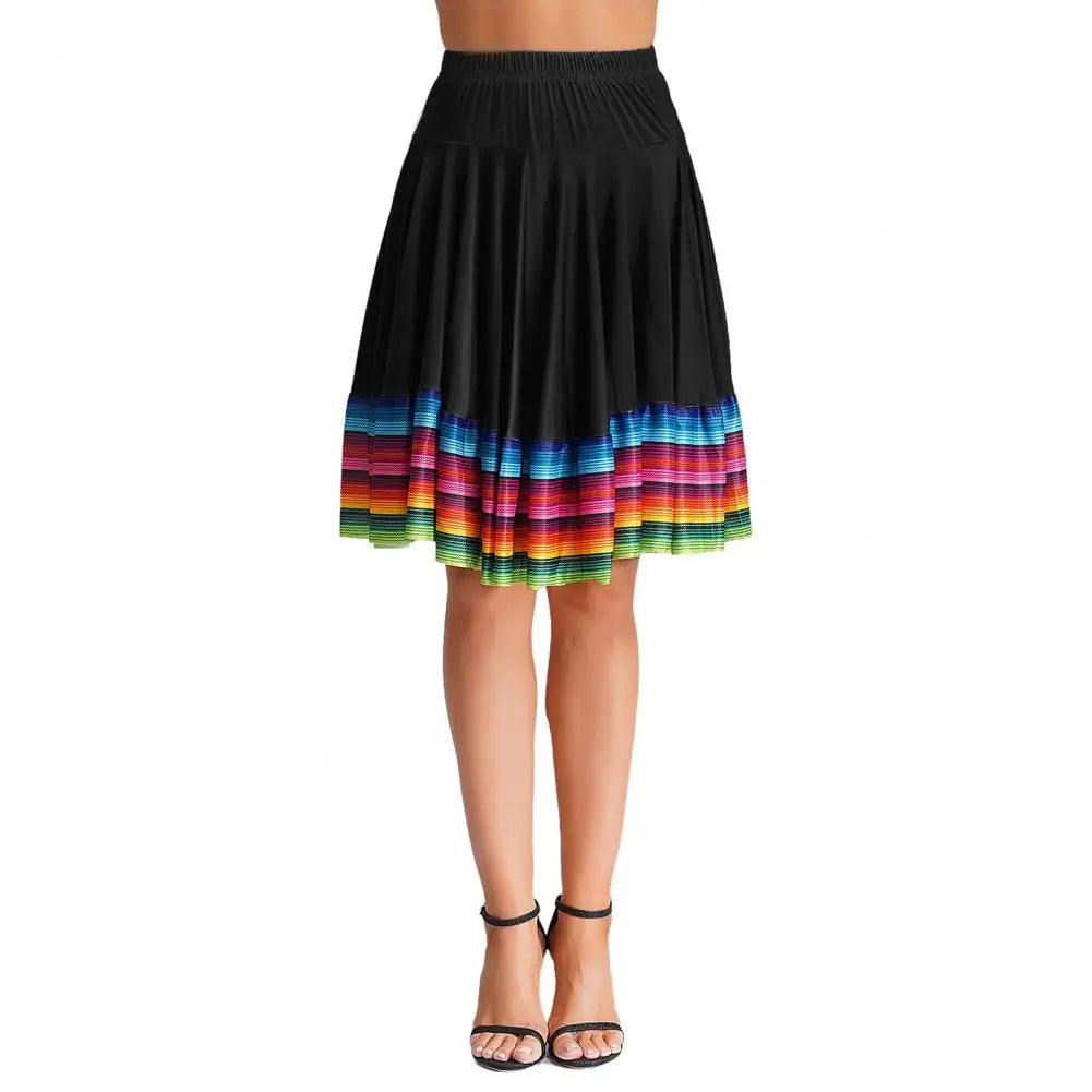 High Waist Spanish Swing Skirt Midi Skirt Ladies Folk Dance Skirt Elastic Large Swing Hem Mexican Flamenco Performance Skirts