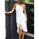 Foridol One Shoulder White Cotton Ruched Short Summer Dress Bowknot Beach Sundress Women Sleeveless Solid Dress