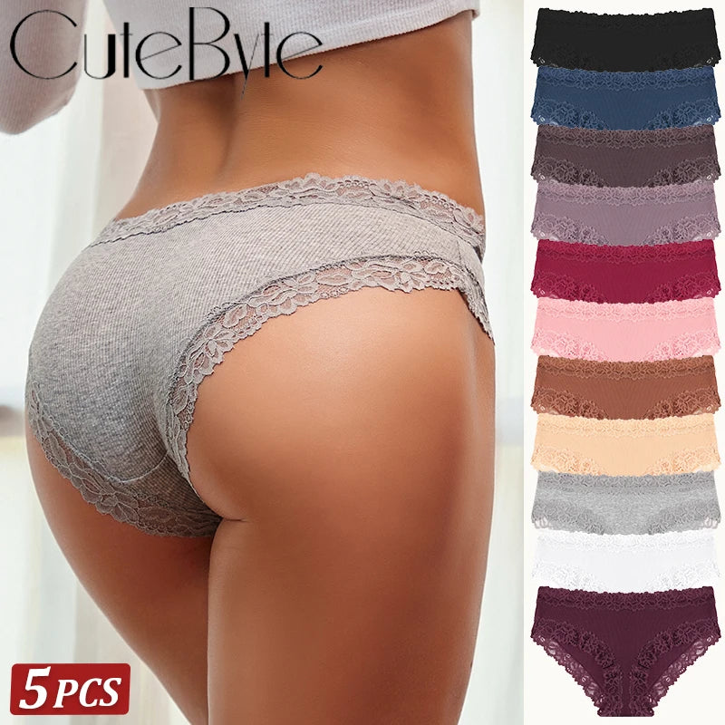 5PCS/Set Women Cotton Panties Sexy Lace Low Waist Briefs Stretch Comfortable Ladies Underwear Soft Breathable Intimate Lingerie