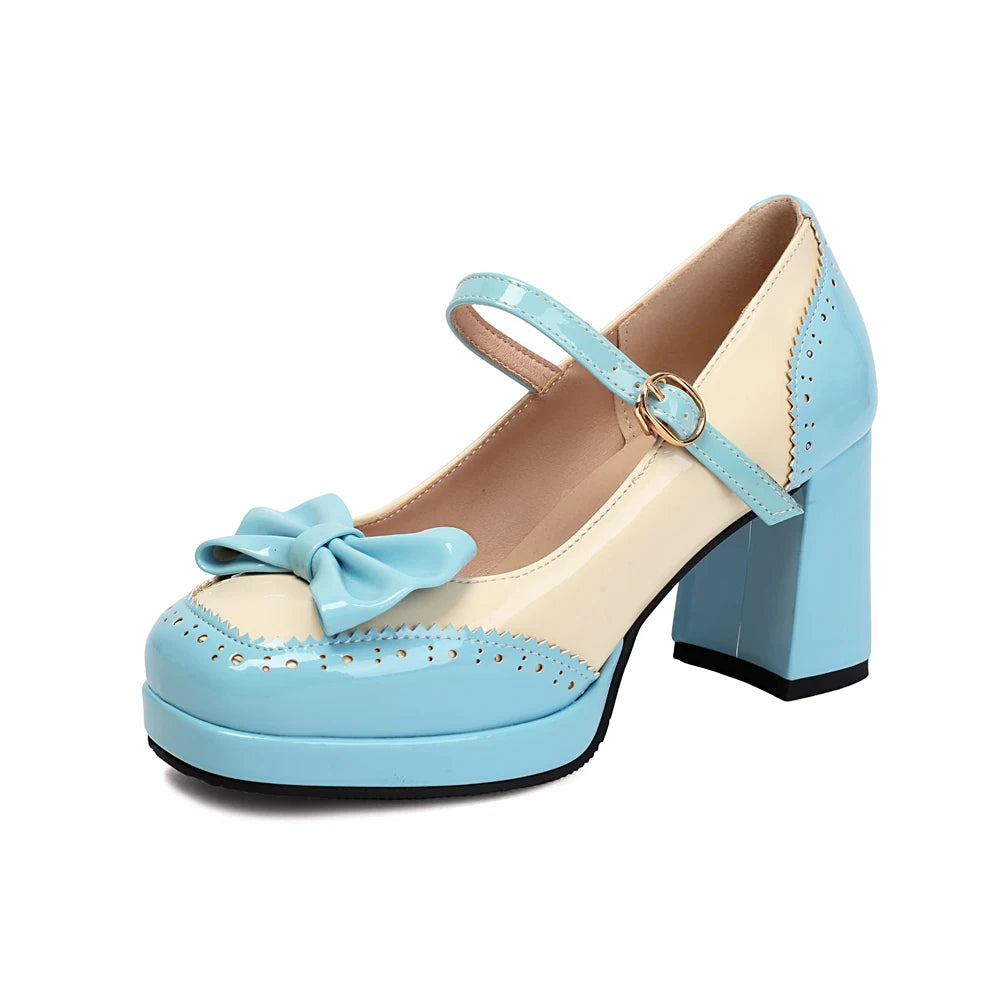 Plus Size 32-48 Sweet Lolita Patent Leather Mary Jane Shoes Women Gothic Square Toe Bow Tie Platform Chunky Heels Brogue Pumps